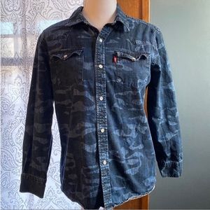 Levis Shirt Boys Youth Large Blue Camo Long Sleeve Pearl Snap Western Cowboy